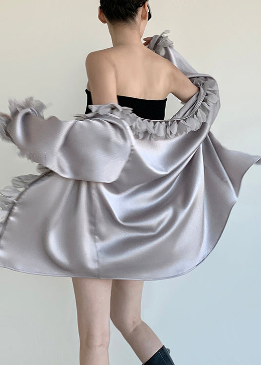 Grey Solid Loose Cotton Blouses V Neck Petal Sleeve