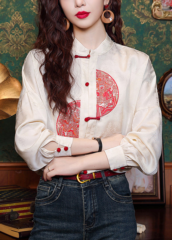 Handmade Apricot Stand Collar Button Silk Shirts Spring