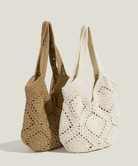 Handmade Beige Hollow Out Large Capacity Knit Shoulder Bags