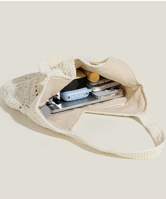 Handmade Beige Hollow Out Large Capacity Knit Shoulder Bags