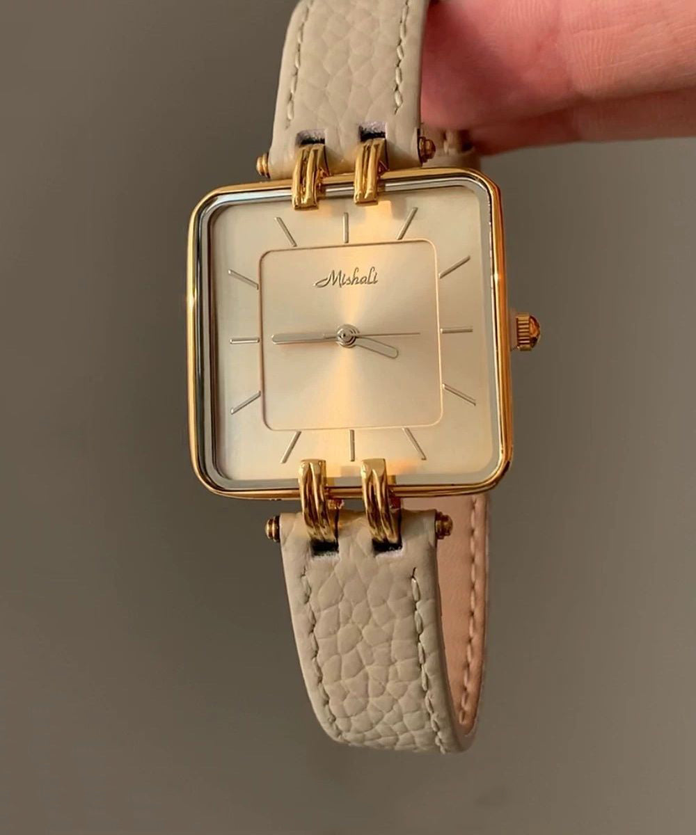 Handmade Beige Leather Square Mechanical Watches