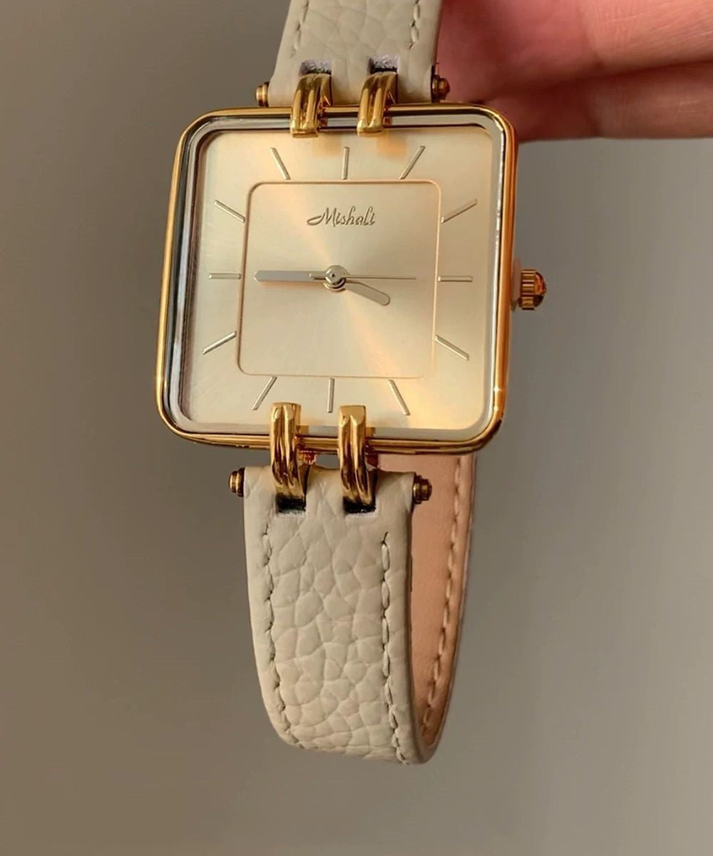 Handmade Beige Leather Square Mechanical Watches