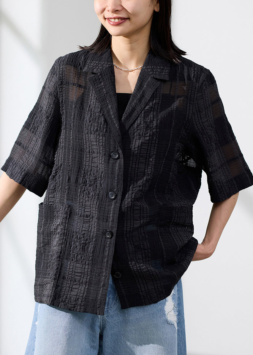 Handmade Black Notched Sheer Linen Silk Blouses Summer