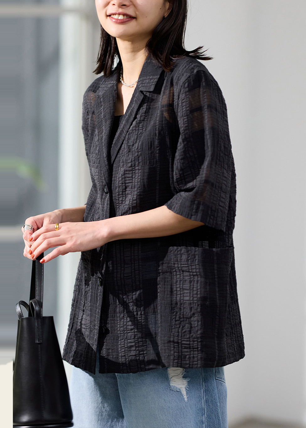 Handmade Black Notched Sheer Linen Silk Blouses Summer