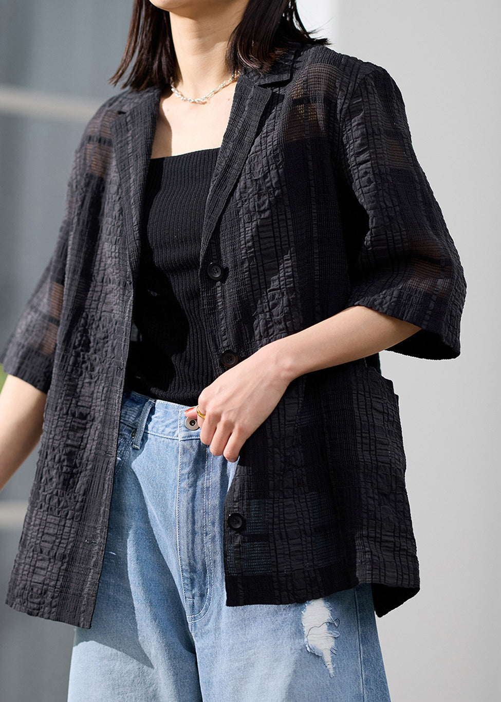 Handmade Black Notched Sheer Linen Silk Blouses Summer