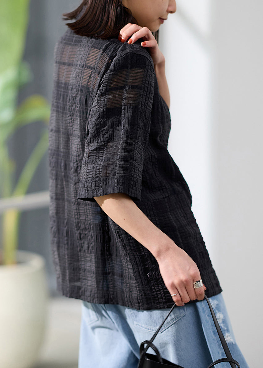 Handmade Black Notched Sheer Linen Silk Blouses Summer