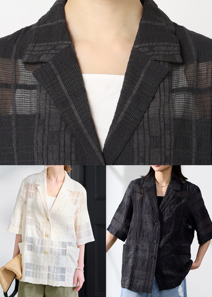 Handmade Black Notched Sheer Linen Silk Blouses Summer