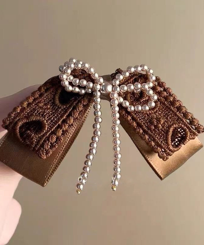Handmade Brown Fabric Art Pearl Bow Hairpin