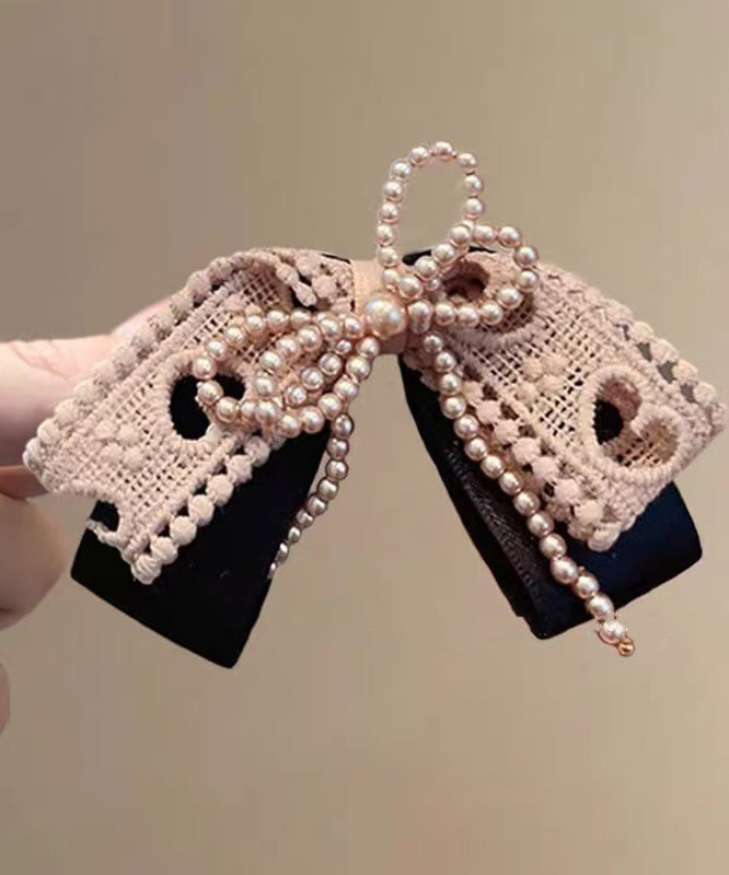 Handmade Brown Fabric Art Pearl Bow Hairpin