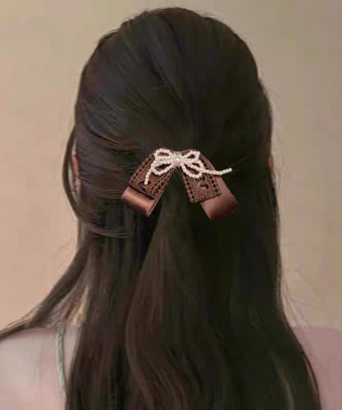 Handmade Brown Fabric Art Pearl Bow Hairpin
