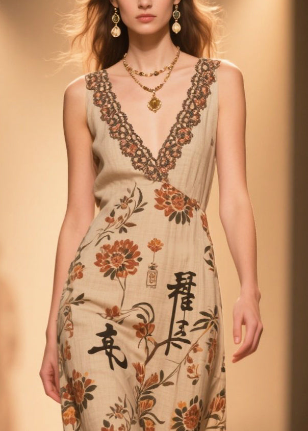 Handmade Coffee V Neck Print Cotton Straight Dress Sleeveless
