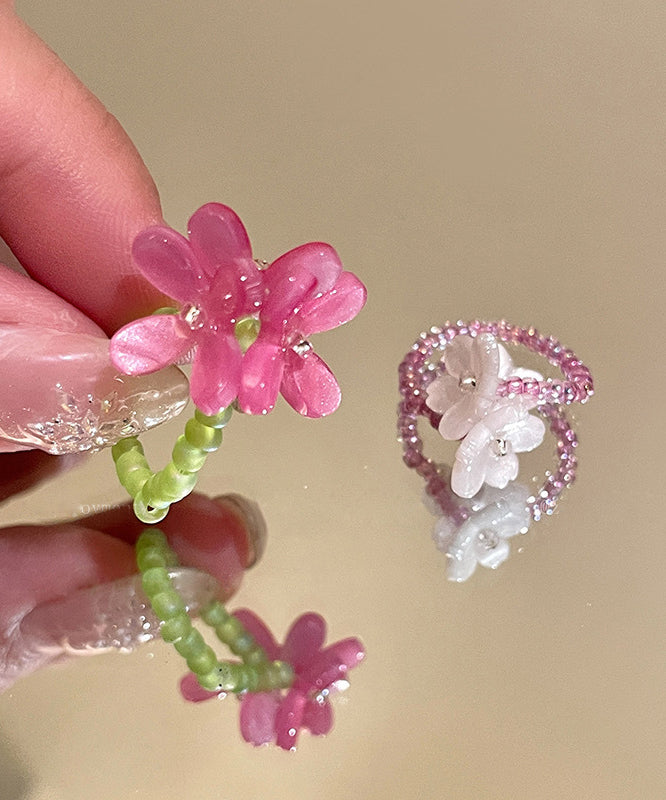 Handmade Colorblock Acrylic Floral Beads Rings Two-Piece Set