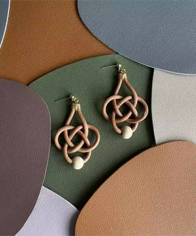 Handmade Copper Overgild Cowhide Chinese Knot Weaving Drop Earrings