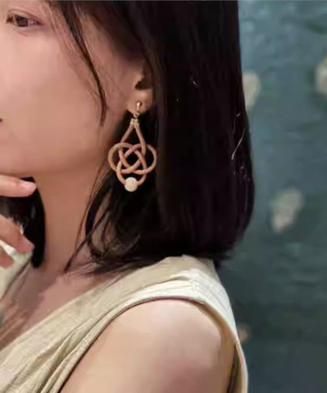 Handmade Copper Overgild Cowhide Chinese Knot Weaving Drop Earrings