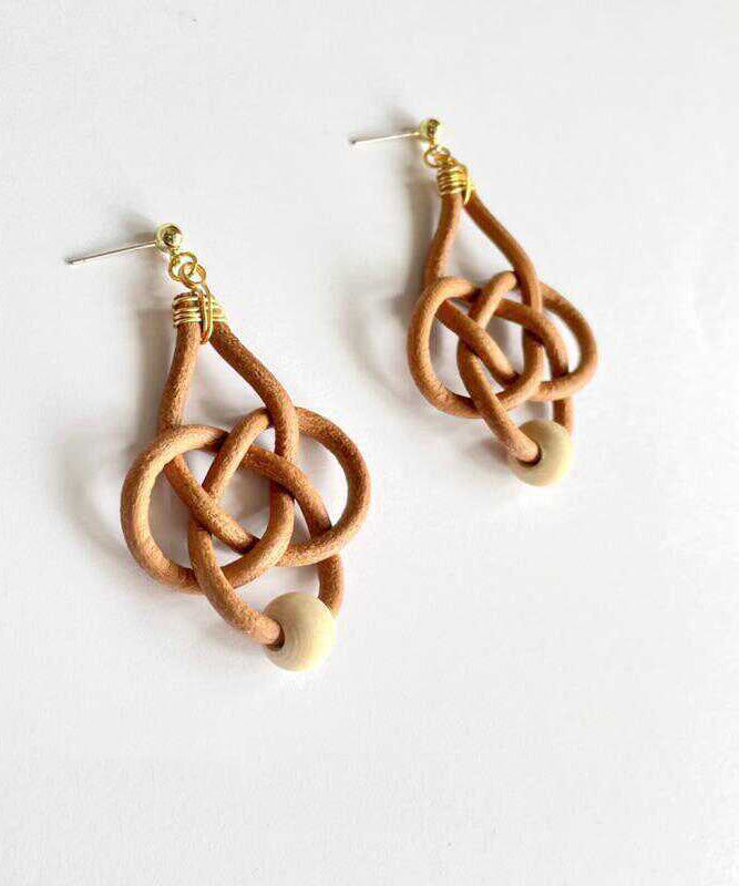 Handmade Copper Overgild Cowhide Chinese Knot Weaving Drop Earrings