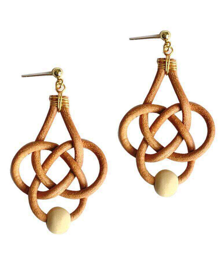 Handmade Copper Overgild Cowhide Chinese Knot Weaving Drop Earrings