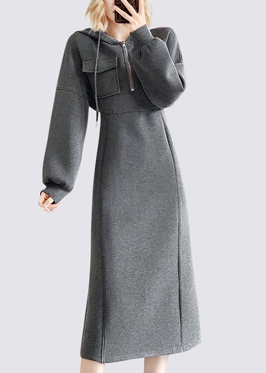 Handmade Dark Grey Tie Lace Patchwork Hooded Maxi Dresses Fall