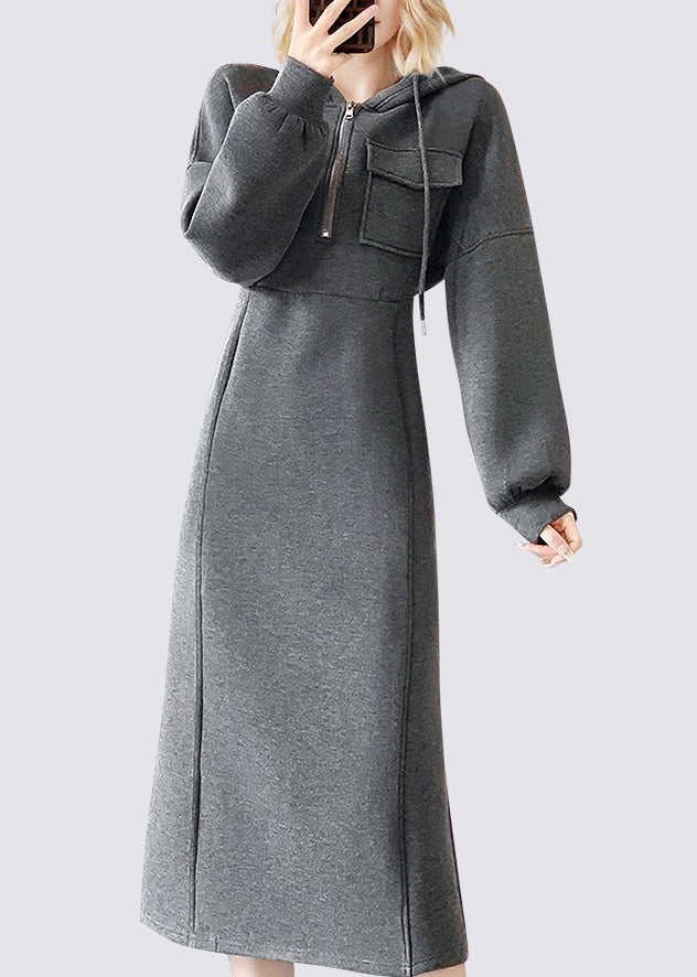 Handmade Dark Grey Tie Lace Patchwork Hooded Maxi Dresses Fall