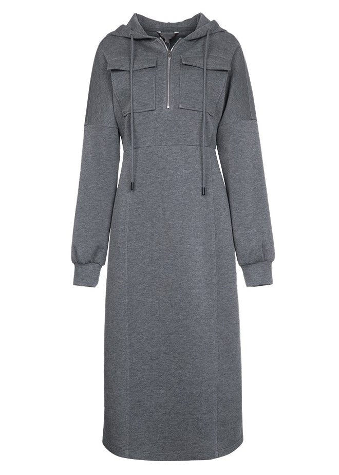 Handmade Dark Grey Tie Lace Patchwork Hooded Maxi Dresses Fall