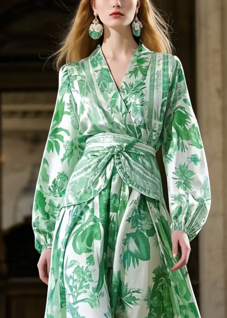 Handmade Grass Green Cinched Print Silk Dress Spring