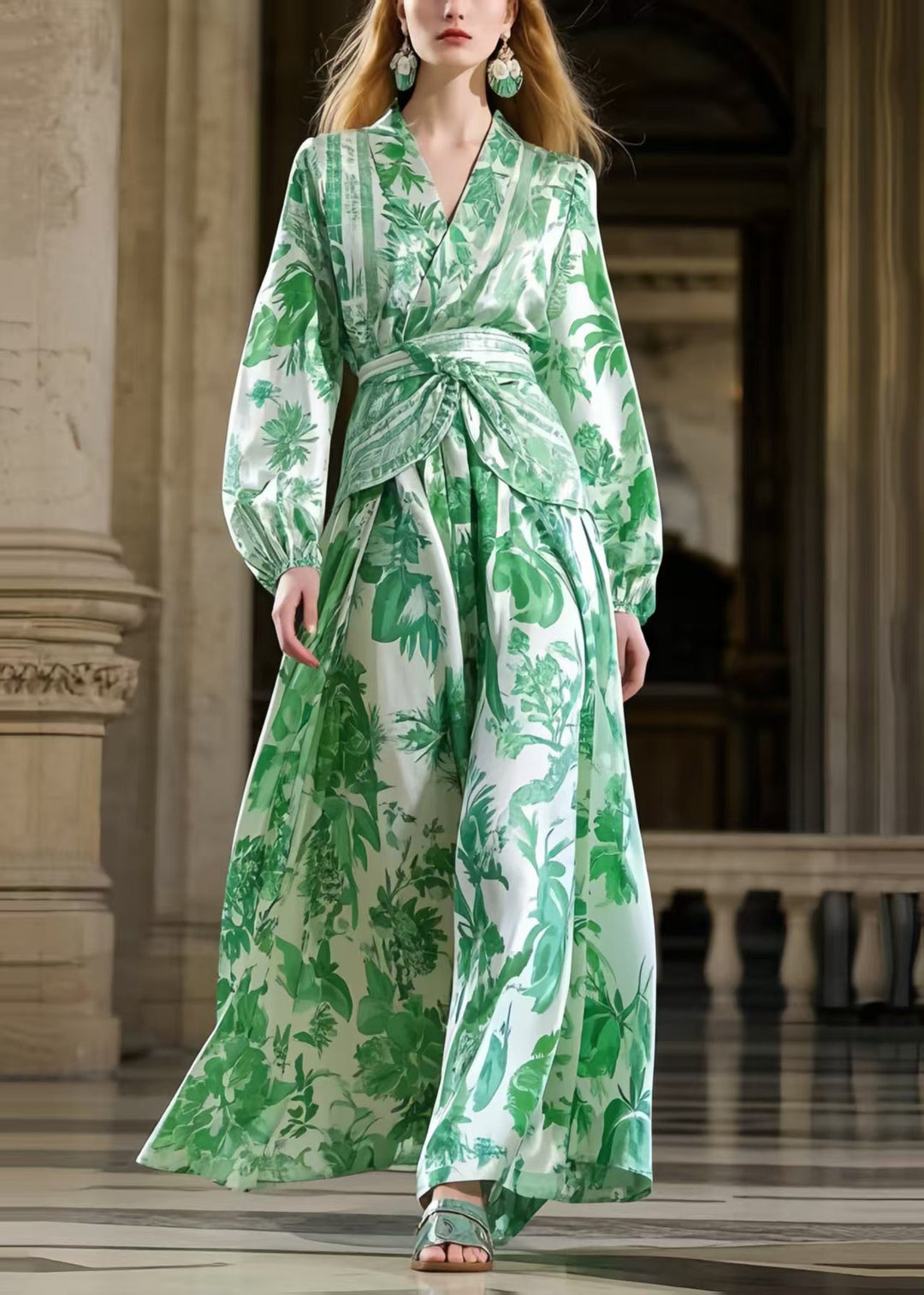 Handmade Grass Green Cinched Print Silk Dress Spring
