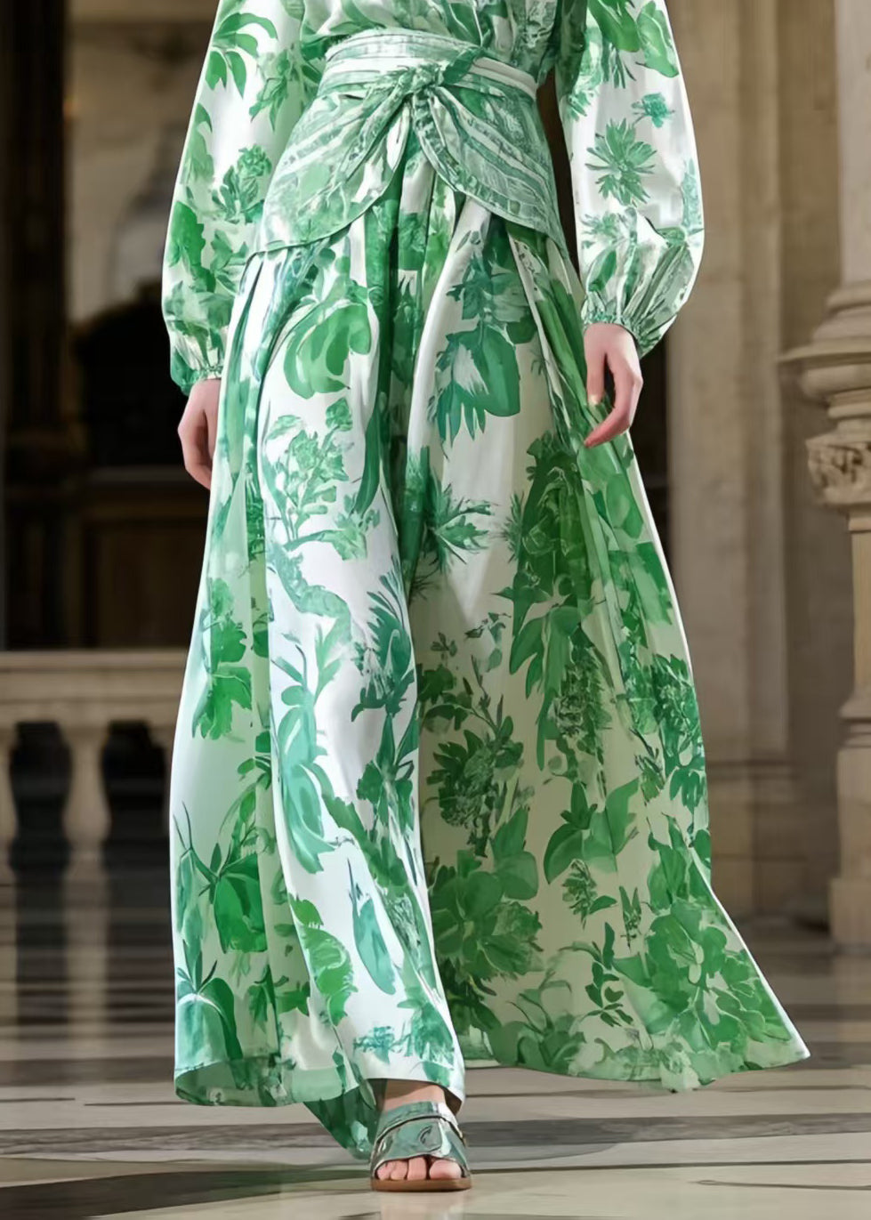 Handmade Grass Green Cinched Print Silk Dress Spring