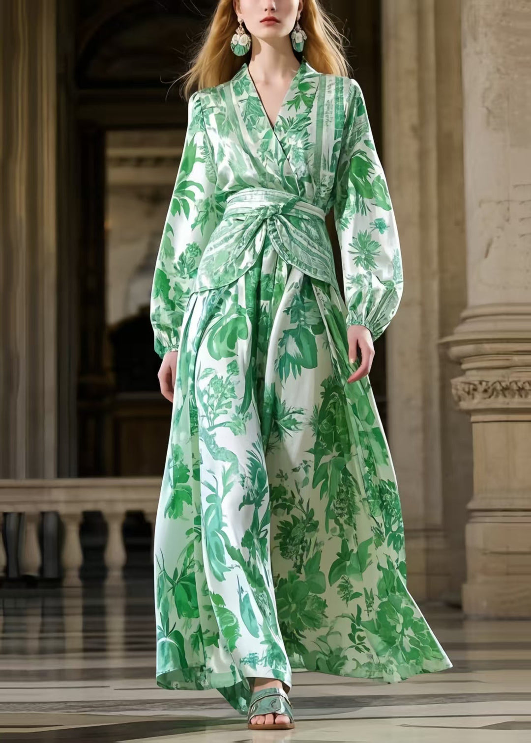 Handmade Grass Green Cinched Print Silk Dress Spring