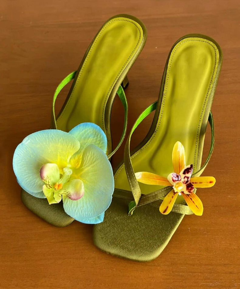 Handmade Green Asymmetrical Floral Silk Stiletto Heels Flip Flops