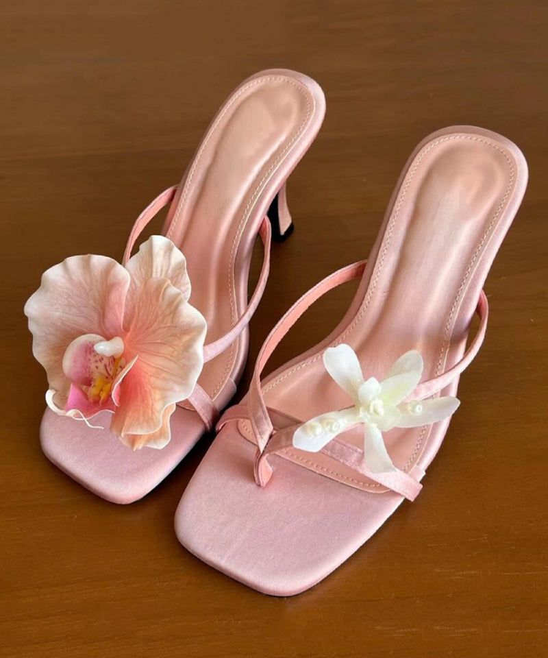 Handmade Green Asymmetrical Floral Silk Stiletto Heels Flip Flops