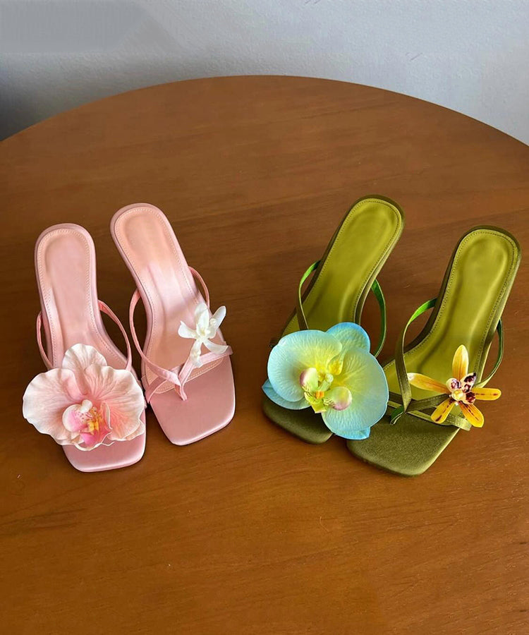 Handmade Green Asymmetrical Floral Silk Stiletto Heels Flip Flops