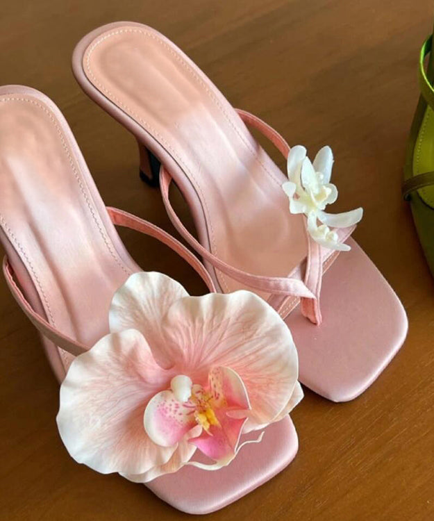 Handmade Green Asymmetrical Floral Silk Stiletto Heels Flip Flops