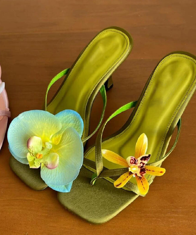 Handmade Green Asymmetrical Floral Silk Stiletto Heels Flip Flops