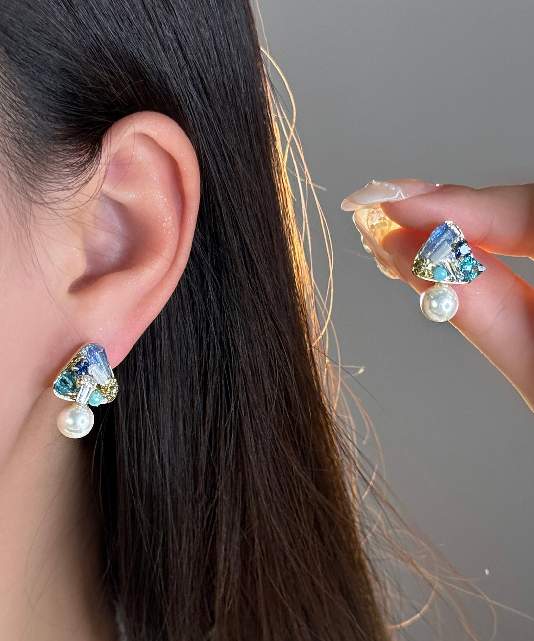 Handmade Light Green Copper Overgild Crystal Zircon Pearl Drop Earrings