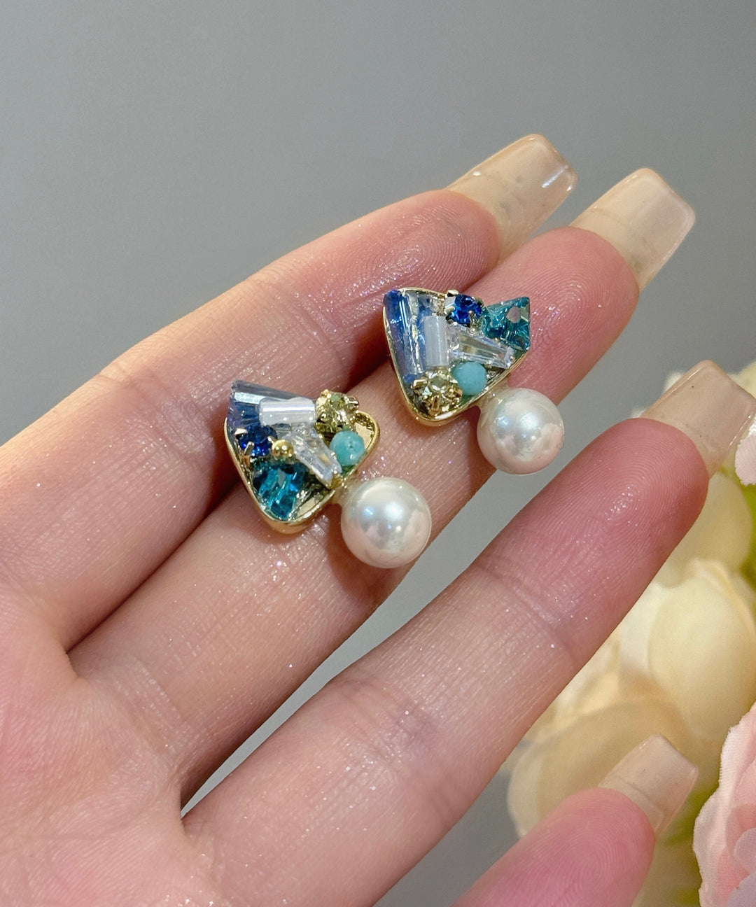 Handmade Light Green Copper Overgild Crystal Zircon Pearl Drop Earrings