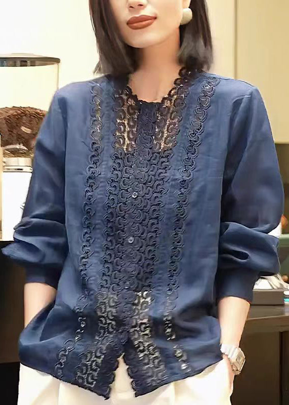 Handmade Navy Hollow Out Patchwork Cotton Top Fall