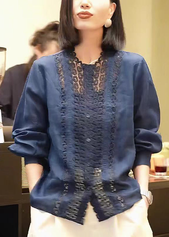 Handmade Navy Hollow Out Patchwork Cotton Top Fall