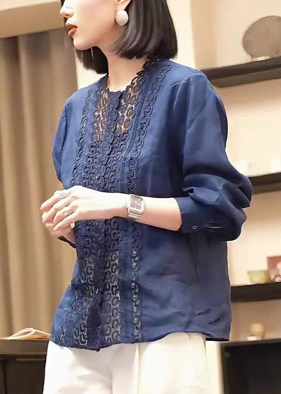 Handmade Navy Hollow Out Patchwork Cotton Top Fall