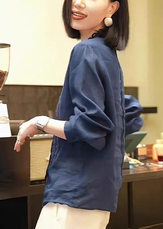 Handmade Navy Hollow Out Patchwork Cotton Top Fall