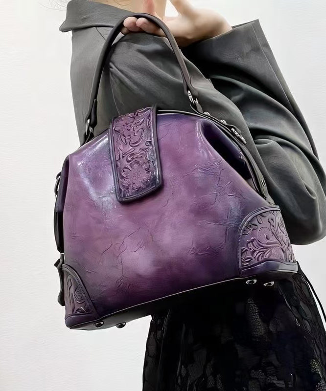 Handmade Purple Calf Leather Embossed Tote Bag