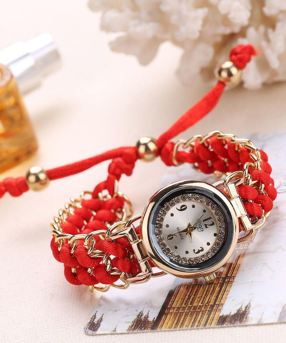 Handmade Red Alloy Zircon Weave Waterproof Watch