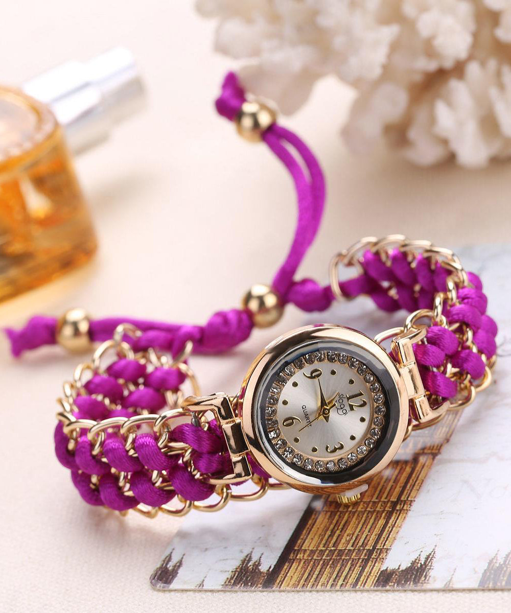 Handmade Red Alloy Zircon Weave Waterproof Watch