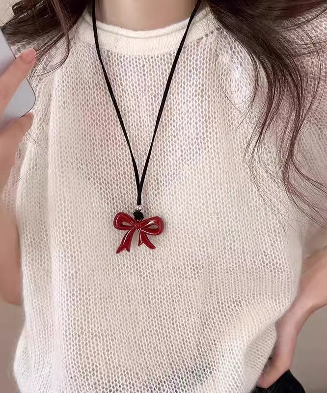 Handmade Red Bow Leather Rope Pendant Necklace