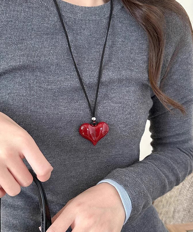 Handmade Red Bow Leather Rope Pendant Necklace