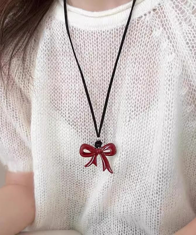 Handmade Red Bow Leather Rope Pendant Necklace