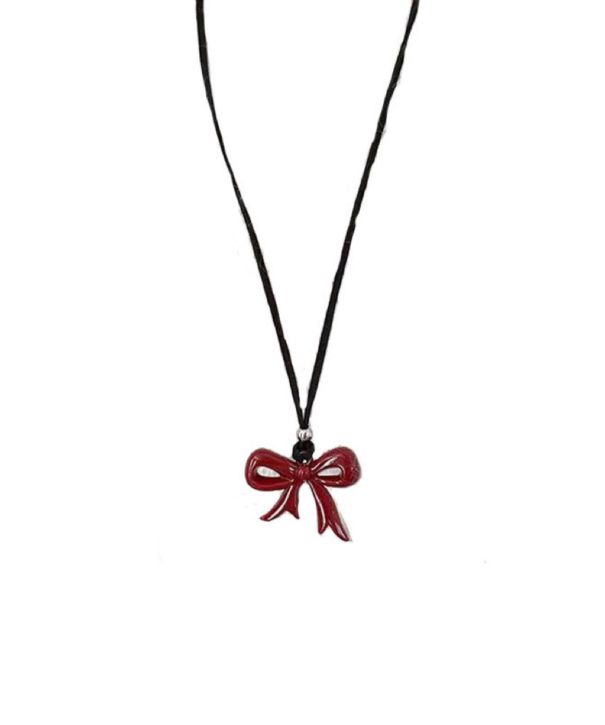 Handmade Red Bow Leather Rope Pendant Necklace