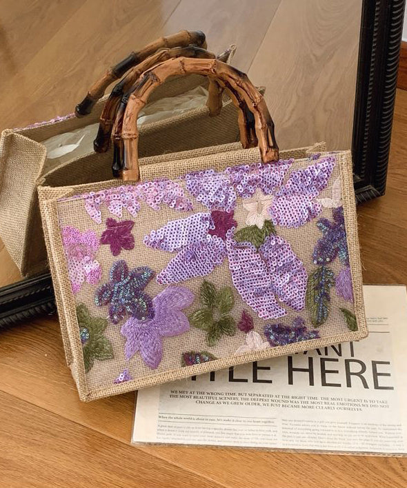 Handmade Sequins Embroidered Linen Weave Tote Bag