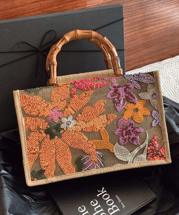 Handmade Sequins Embroidered Linen Weave Tote Bag