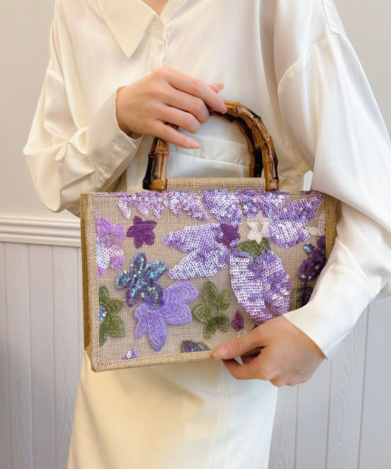 Handmade Sequins Embroidered Linen Weave Tote Bag