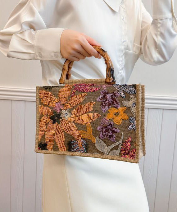 Handmade Sequins Embroidered Linen Weave Tote Bag