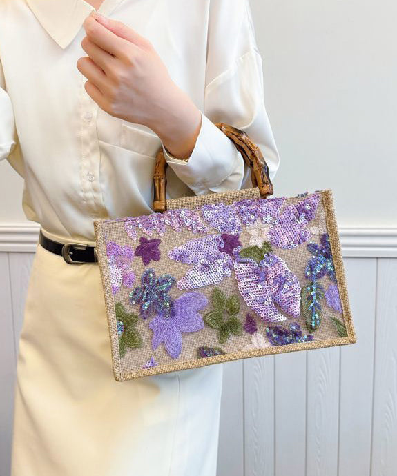 Handmade Sequins Embroidered Linen Weave Tote Bag